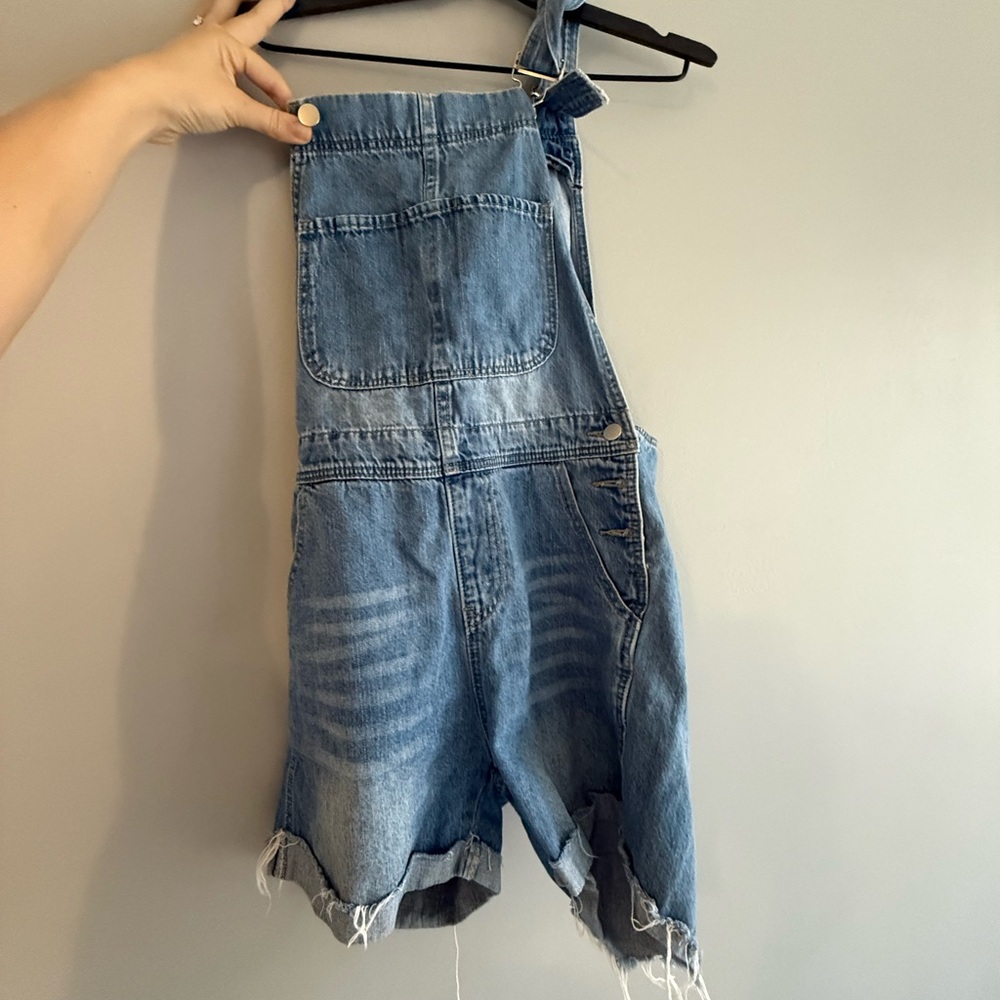 One strap Denim Short Overalls - Blue Distressed